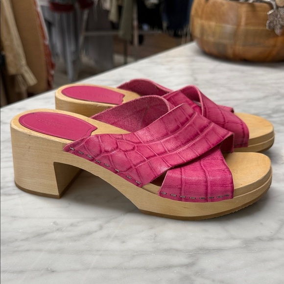 Anthropologie Swedish Hasbeens Anette Pink Wooden Heeled Skip On Clog Sandal 39 - Picture 2 of 10